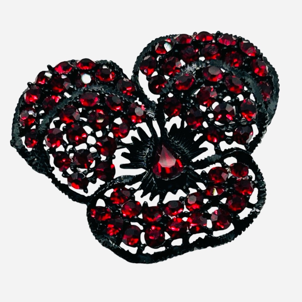 Vintage Signed Weiss Red Rhinestone Pansy Brooch